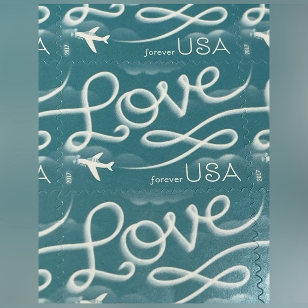 FOUR Sheets-LOVE Skywriting Forever USA Stamps. 80 total Stamps. Teal Blue